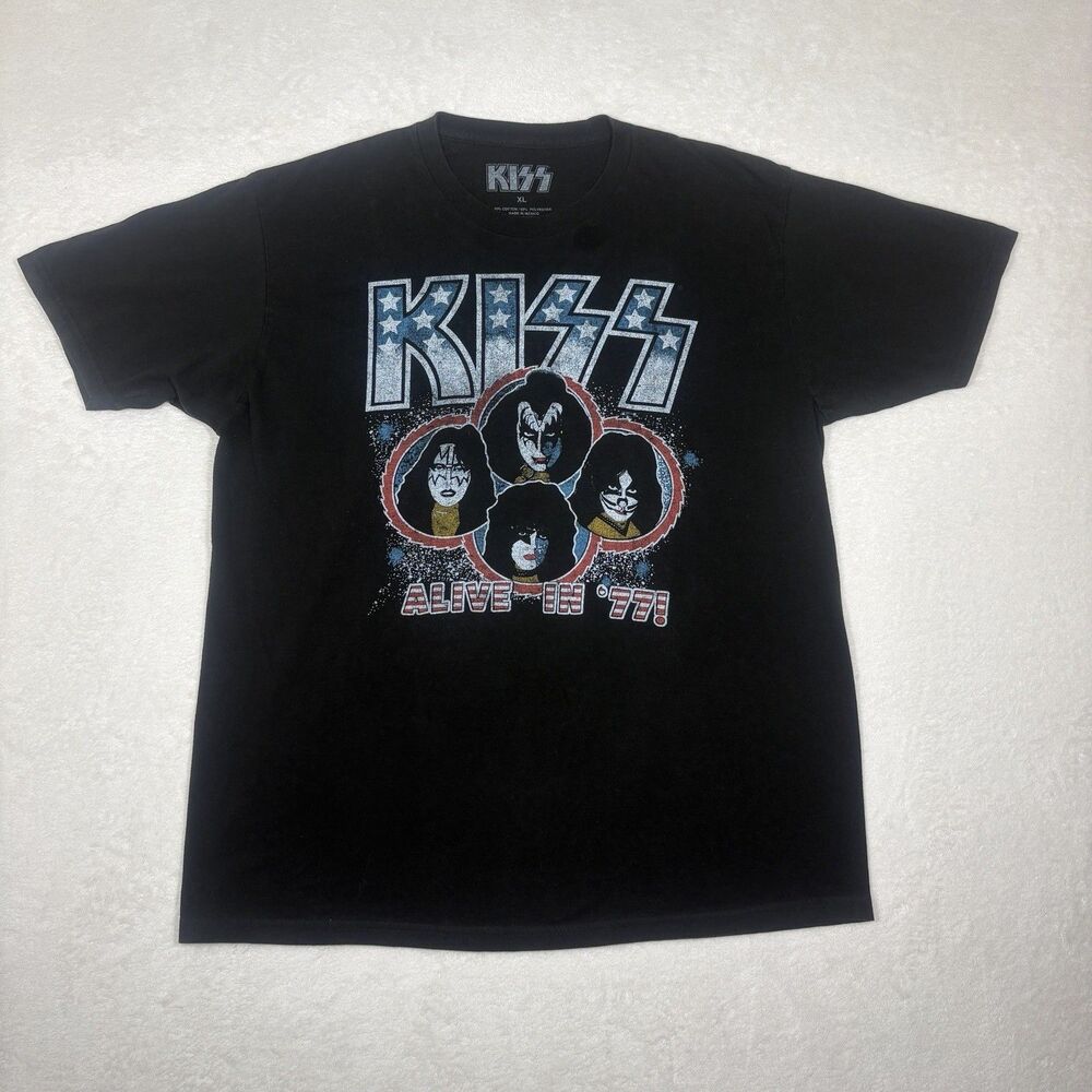KISS Shirt Mens XL Black Alive In 77 Tour Graphic Rock Band Tee Short Sleeve